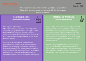 A picture of the bulletin. Grey banner at the top with Access Ability logo. Purple on the left and Green on the right.